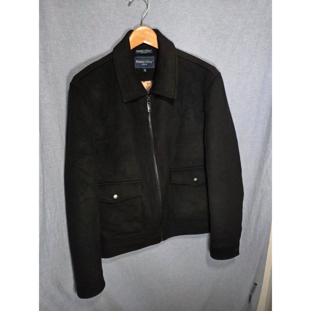 Paisley & Gray Mens XL Slim Fit Black Zip Jacket Novelty Clock Lining Collared